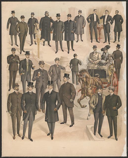 [Men wearing various clothing styles and fashions with horse drawn carriage]