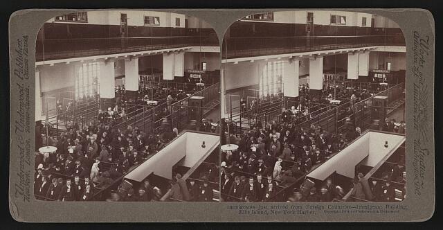 Immigrants just arrived from foreign countries - Immigrant Building, Ellis Island, New York Harbor
